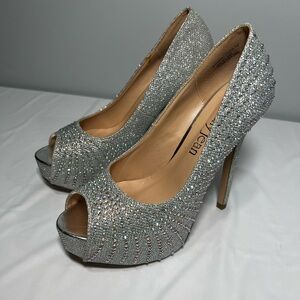 Cathy Jean Sparkling Silver Peep-Toe Heels